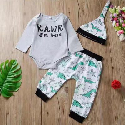 3-Piece Baby Boy/Girl Letter Print Long-Sleeve Romper, Dino Print Trouser and Hat Set - Grey
