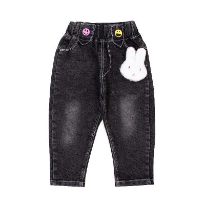 Baby Girl Bunny Applique Elasticized Denim Jeans Pants - Black