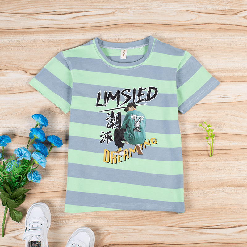 Kid Boy Casual Cool Boy and Letter Print Striped Short-Sleeve Tee - Blue/Green
