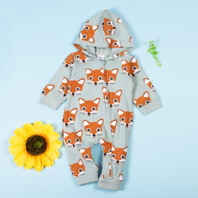 Baby Boy/Girl All Over Cartoon Fox Print Long-Sleeve Hooded Cotton Jumpsuit - Green