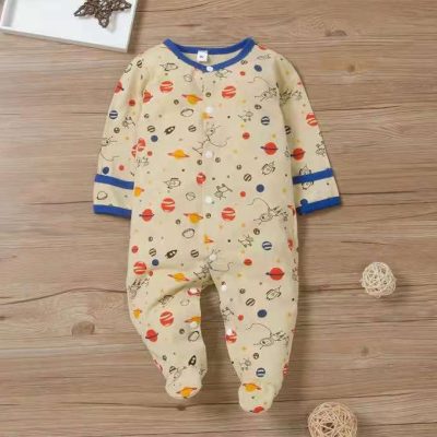 Baby Boy/Girl Planets and Astronauts Print Footed Long-Sleeve Jumpsuit - Soft Amber