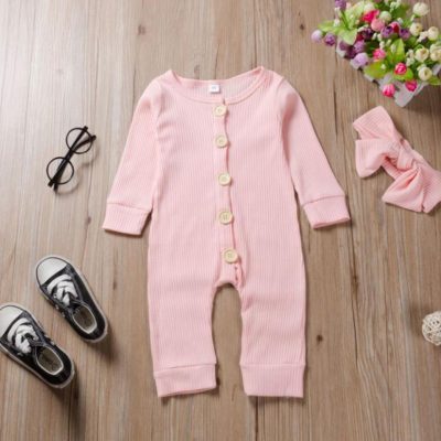 2-Piece Baby Girl Button Design Ribbed Long-Sleeve Jumpsuit with Headband - Pink