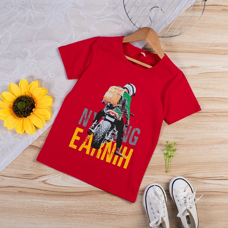 Kid Boy Bike Rider Print Casual Short-Sleeve Tee - Red