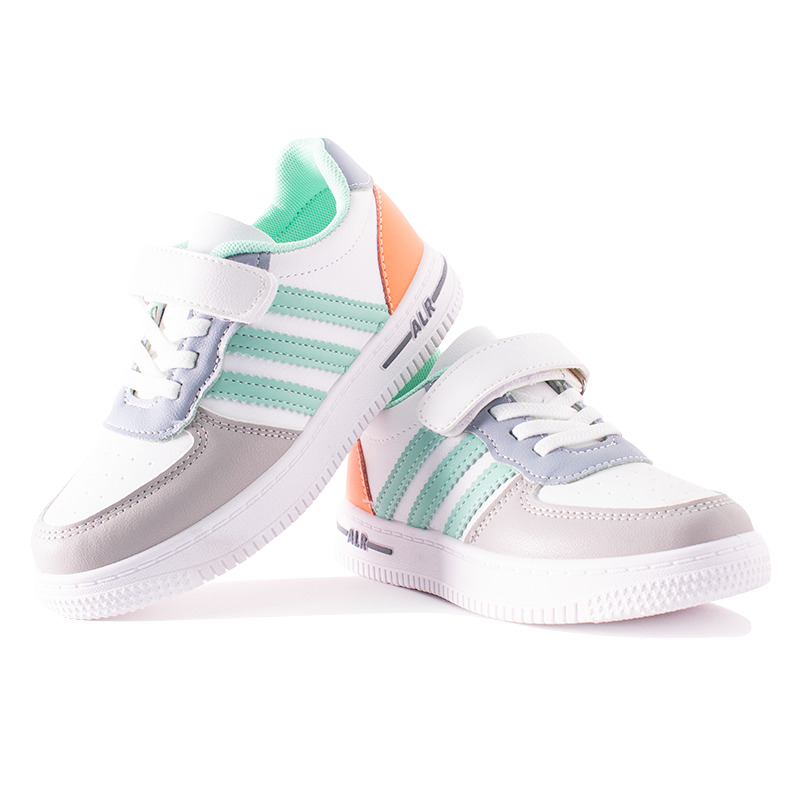 Kid Boy/Girl Striped Pattern Colorblock Velcro Strap Sneakers - Grey/Orange