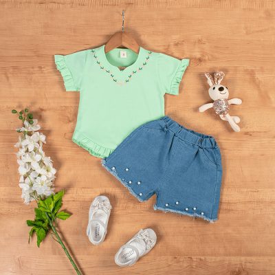 2-Piece Baby/Toddler Girl Ruffled Sleeve Top and Solid Pearl Denim Shorts Set - Green
