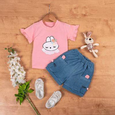 2-Piece Baby/Toddler Girl Cute Rabbit Print Short-Sleeve Top and Solid Denim Shorts Set - Pink