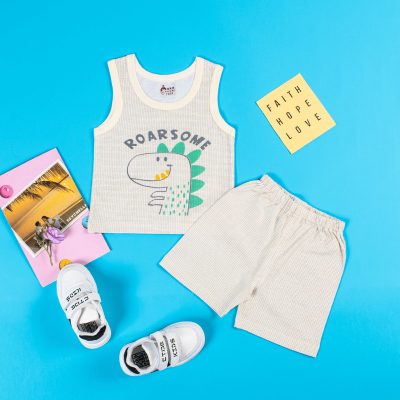 2-Piece Baby Boy Dino Print Sleeveless Top and Graph Check Shorts Set - Light Yellow