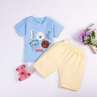 2-Piece Toddler Boy Cute Teddy Bear Print Short-Sleeve Tee and Solid Shorts Set - Blue/Yellow