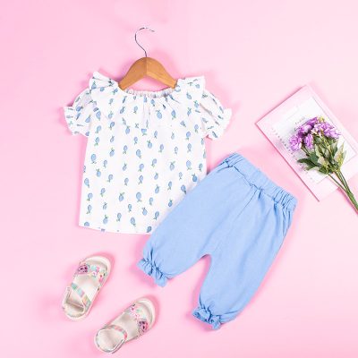 2-Piece Baby/Toddler Girl Ruffled Neck Top and Solid Pants Set - Blue
