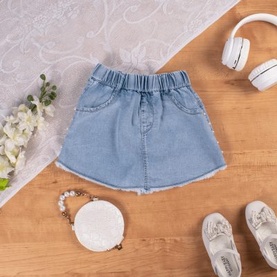 Kid Girl Pearl Embroidered Elasticized Denim Shorts - Blue