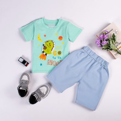 2-Piece Toddler Boy Cute Dino & Letter Print Short-Sleeve Tee and Solid Shorts Set - Green/Blue