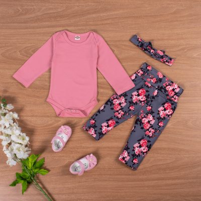 3-Piece Baby Girl Cotton Full-Sleeve Romper and Rose Print Pant with Headband Set - Pink/Green