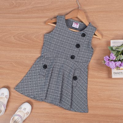 Baby Girl Casual Button Design Sleeveless Plaid Dress - Grey