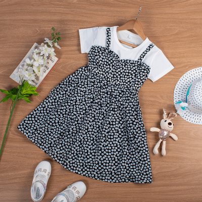 Toddler/Kid Girl Floral Print Short-Sleeve Long Dress - Black/White