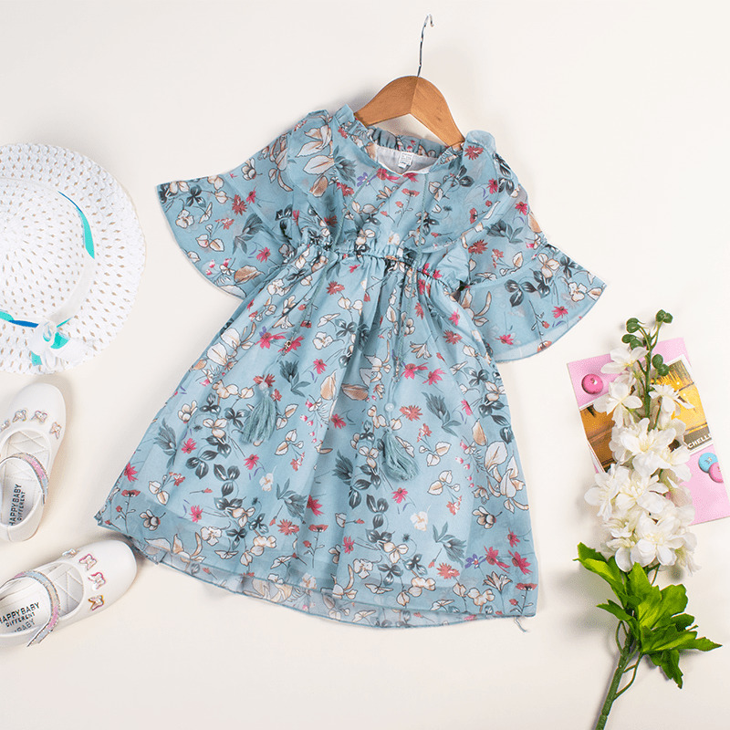 Toddler/Kid Girl Ruffled Collar Flutter Sleeve Floral Print Mesh Net Dress - Green