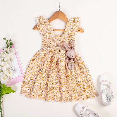 Baby/Toddler Girl Floral Print RuffledSleeveless Dress with Doll - Golden Yellow
