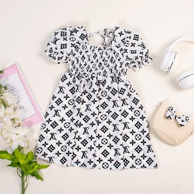 Baby/Toddler Girl Geo Print Puff Sleeve Dress with Hand Bag - White/Black
