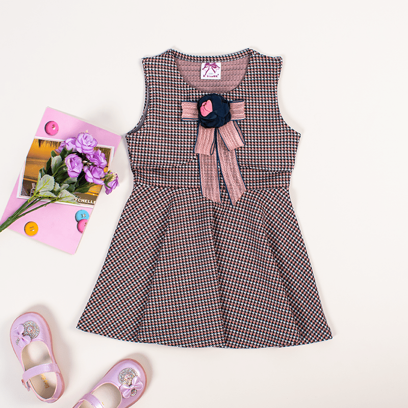 Baby Girl Rose and Ribbon Embroidery Sleeveless Plaid Dress