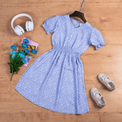 Kid Girl Allover Leaf Print Puff Sleeve Flare Dress - Blue