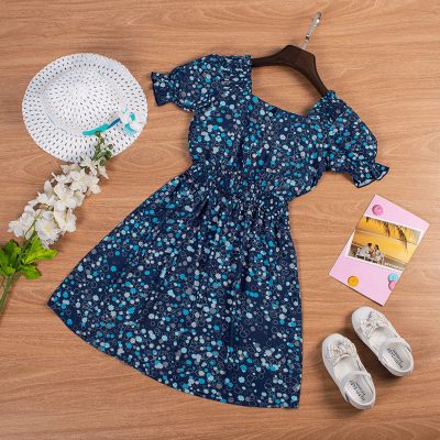 Kid Girl Allover Star Print Puff Sleeve Square Neck Dress - Dark Blue