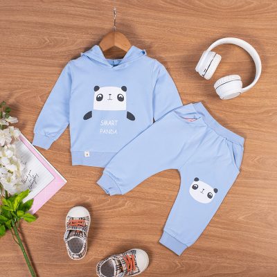 2-Piece Baby Boy/Girl Smart Panda Print Full-Sleeve Hooded Tee and Pants Set - Blue