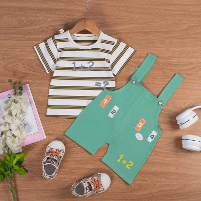 2-Piece Baby Boy Letter Print Striped Short-Sleeve Tee and Solid Overall Shorts Set - Green