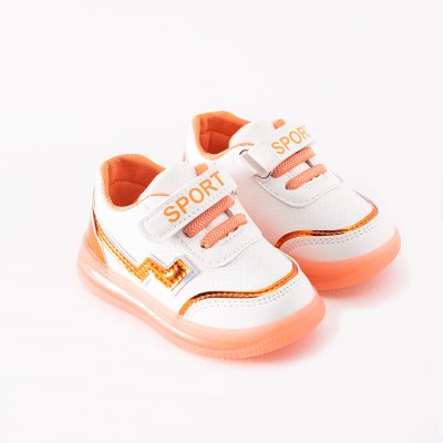 Baby Boy/Girl Golden Striped Velcro Closure LED Sneakers - White/Orange