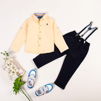 2-Piece Toddler/Kid Boy Full-Sleeve Plain Shirt and Solid Suspender Gentleman Pants Set - Yellow/Blue