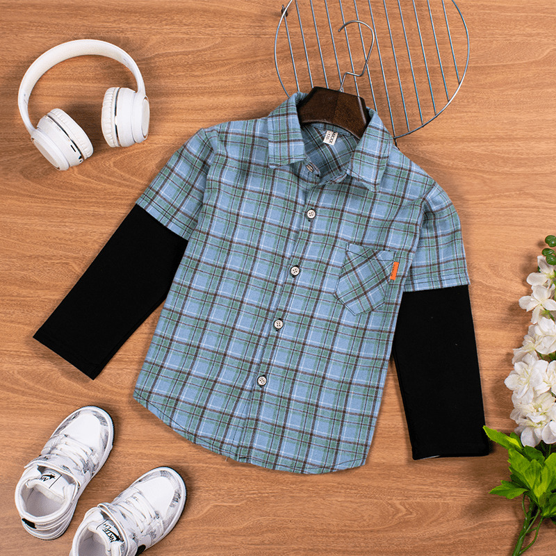 Kid Boy Colorblock Blue Plaid Design Full-Sleeve Flannel Shirts