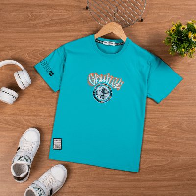 Kid Boy Dragon Print Drop Shoulder Over-Sized Short-Sleeve T-Shirts - Cyan Blue