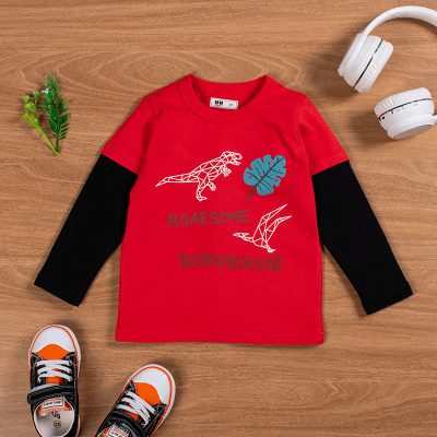Baby Boys Dinosaur Print Colorblock Long-Sleeve Tee - Red/Black