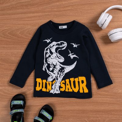 Kid Boys Dinosaur Print Solid Color Long-Sleeve Tee - Dark Blue