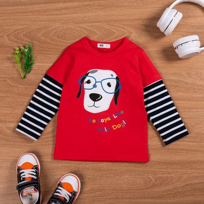 Kid Boys Cute Dog Print Colorblock Striped Long-Sleeve Tee - Red