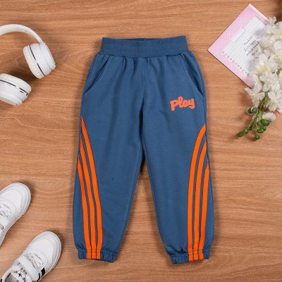 Trendy Kid Boy Letter Print Striped Pattern Elasticized Joggers Pants - Cyan Blue