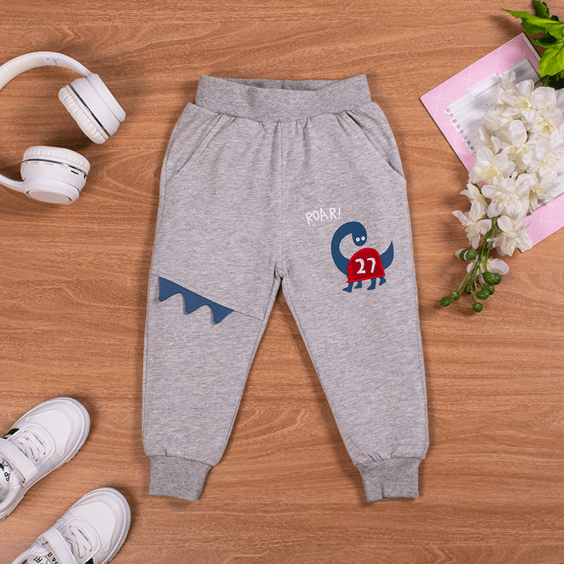 Kid Boy Dino Print Elasticized 100% Cotton Joggers Pants - Heather Grey