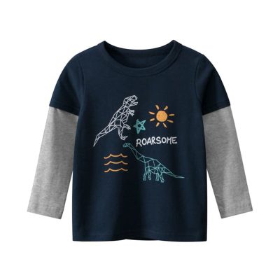 Kid Boys Dino Roarsome Print Colorblock Long-Sleeve Tee - Dark Blue