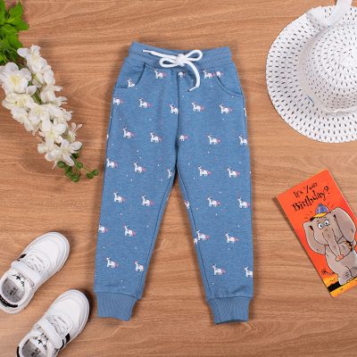 Kid Girl Unicorn Print Elasticized 100% Cotton Joggers Pants - Faded Blue