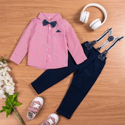 2-Piece Baby Boy Full-Sleeve Striped Shirt with Bow Tie and Solid Suspender Gentleman Pants Set - Pink/Blue