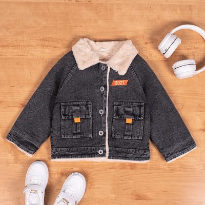 Baby/Toddler Boy Button Design Lapel Collar Fur Denim Jacket - Black