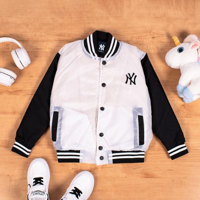 Kid Boy Yankees Print Colorblock Fleece Lined Bomber Jacket - White