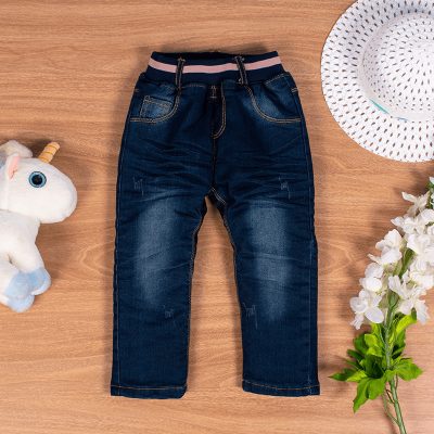 Baby/Toddler Girl Elastic Waist Fleece Denim Pants For Winter - Blue