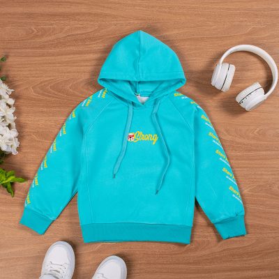 Kid Boy Letter Print Single Layer Hooded Pullover Sweatshirt - Cyan Blue