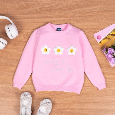 Baby/Toddler Girl Smiley Flower Embroidered Full Sleeve Knit Sweaters - Pink