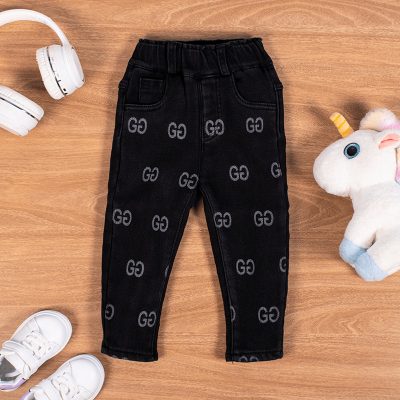 Baby Boy/Girl Letter Print Elastic Waist Fleece Denim Pants - Black