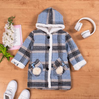 Kid Girl Button Design Classic Plaid Hooded Long Coat - Blue