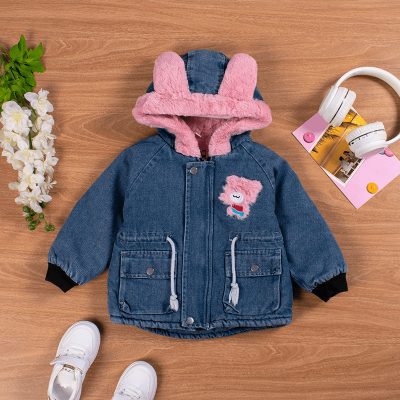 Toddler/Kid Girl Front Pocket Design Ear Hooded Fur Denim Jacket - Blue