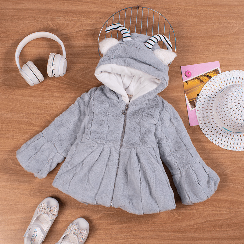 Baby/Toddler Girl Sheep Horn Hooded Fluffy Fleece Coat - Grey