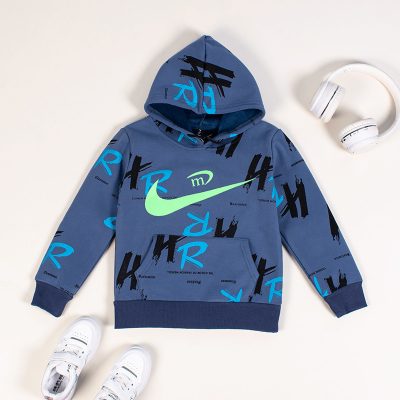 Kid Boy Letter Print Fleece Lined Hoodie For Winter - Blue