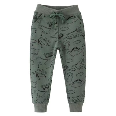 Kid Unisex Dinosaur Print Elasticized 100% Cotton Lounge Pants - Green