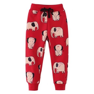 Kid Unisex Elephant Printed Elasticized 100% Cotton Lounge Pants - Red